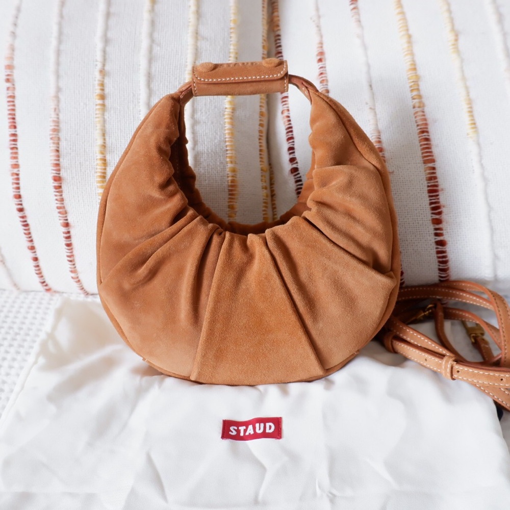 STAUD Tan Suede Crescent Crossbody Bag